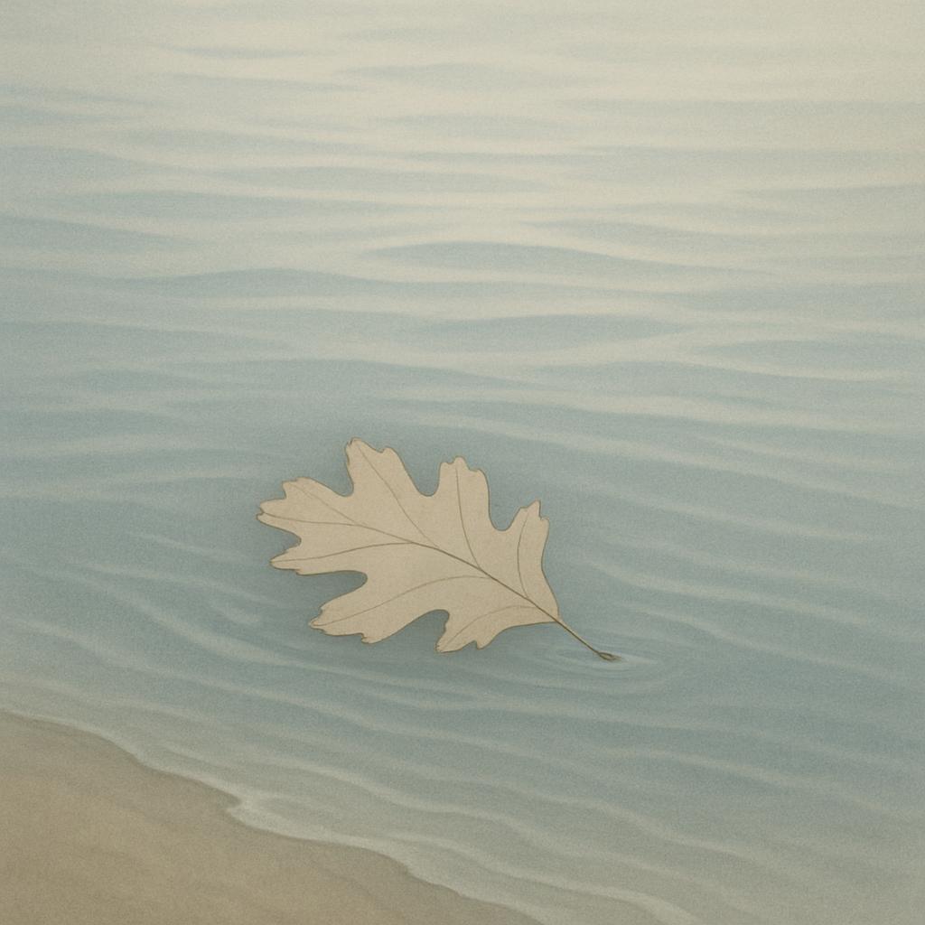 A beige oak leaf floats in light blue lake water with tan sand just to the bottom left of the image. beige oak leaf in wat...