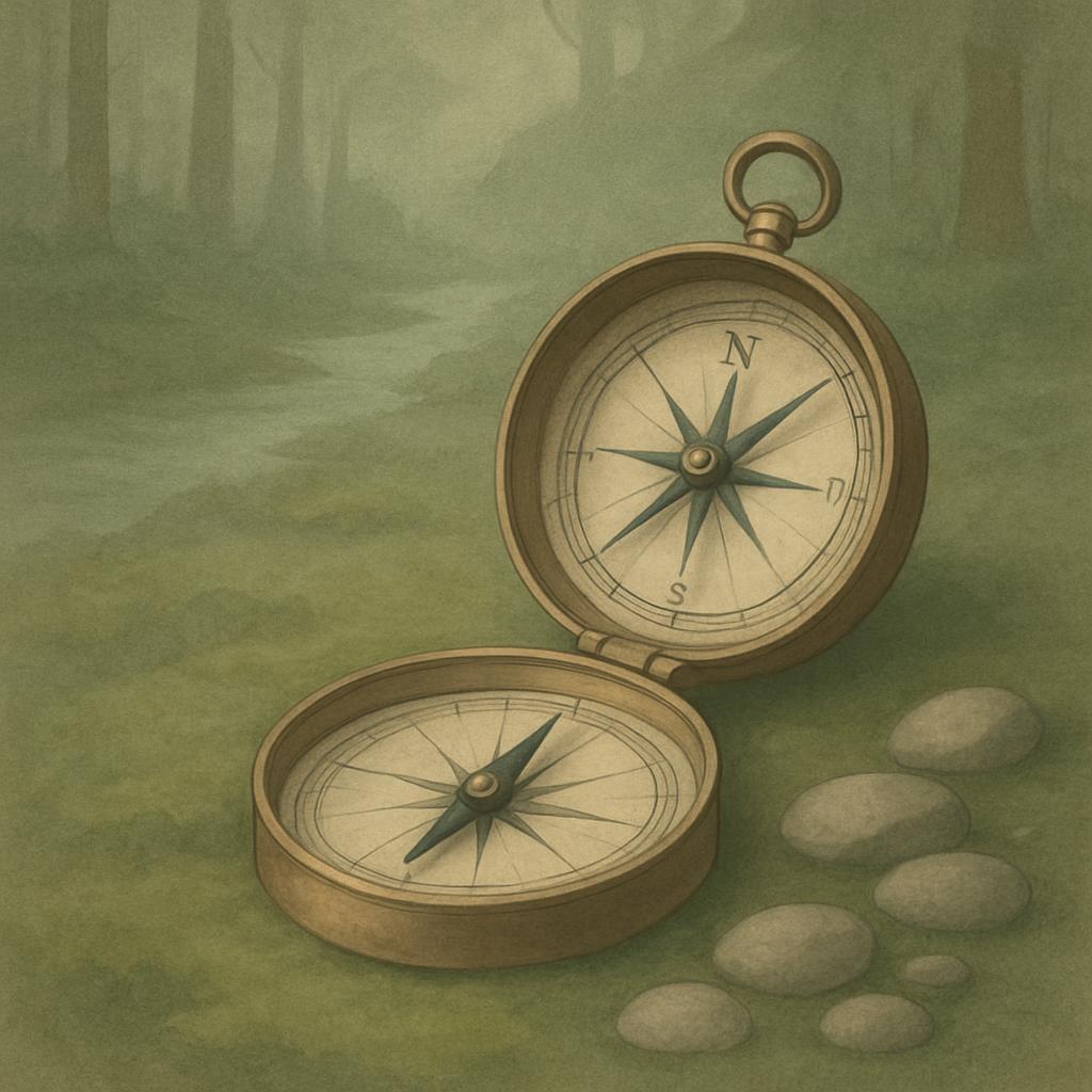 A forest landscape featuring a compass, a compass case, and rocks. The forest is green and hazy, with trees visible in the...