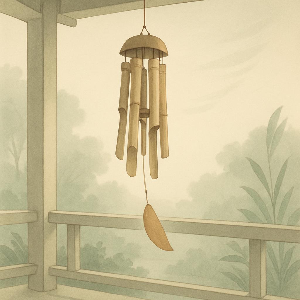 A beige wind chime hangs from a low-roofed patio overhang, featuring a round dome at the top and four cylindrical sections...