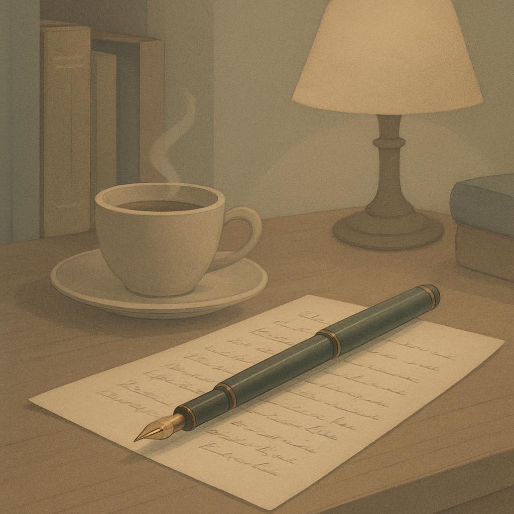 A sepia-toned illustration of a desk with a cup of coffee, a lamp, and a piece of paper with writing.